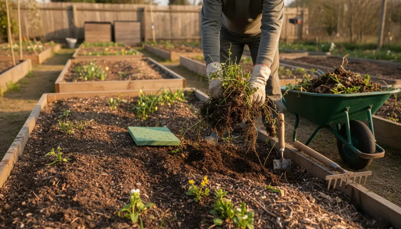 Nærbillede af hænder, der luger et stort forårsbed med haveredskaber og en trillebør fyldt med ukrudt.