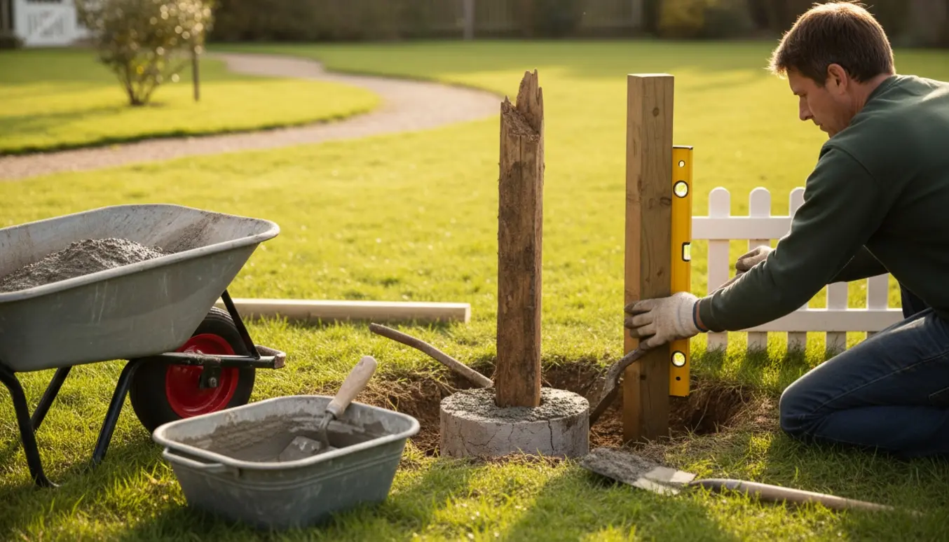 Knækket havelågestolpe graves op, gammel cement fjernes, og en ny stolpe sættes i frisk cement.