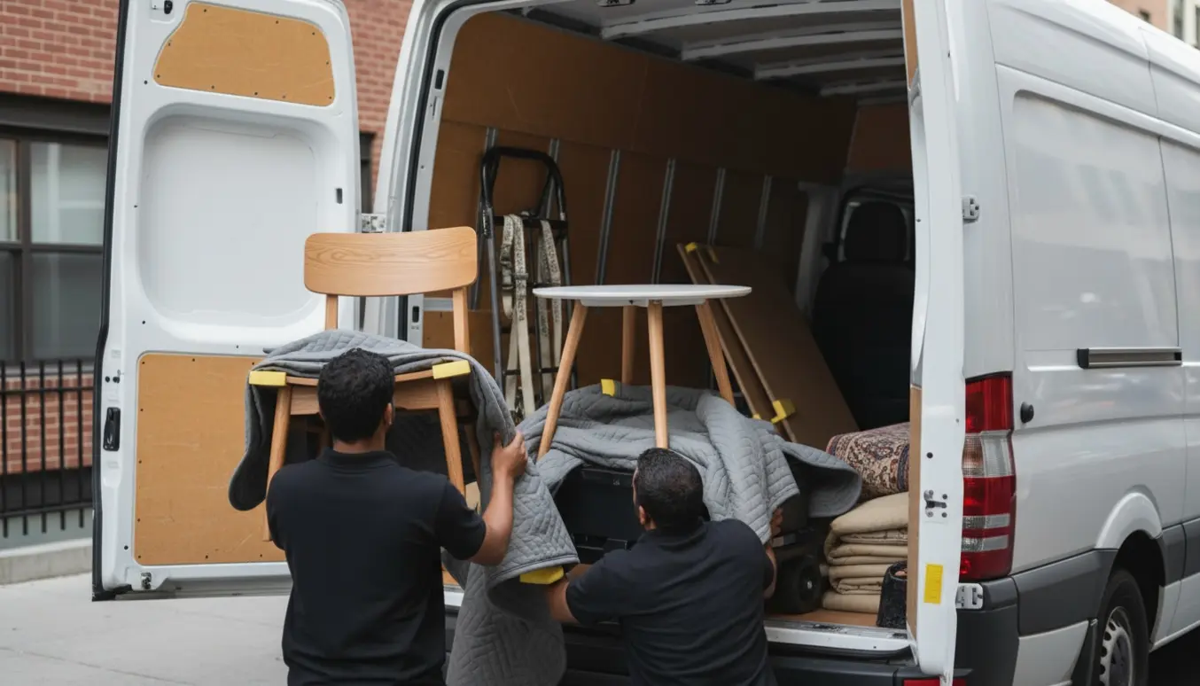 To personer læsser to stole og et lille rundt bord ind i en flyttebil, ansigter ikke tydelige.