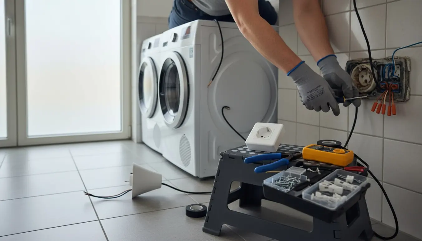 Hænder installerer en ny almindelig stikkontakt i et bryggers med vaskemaskine og afmonteret væglampe.