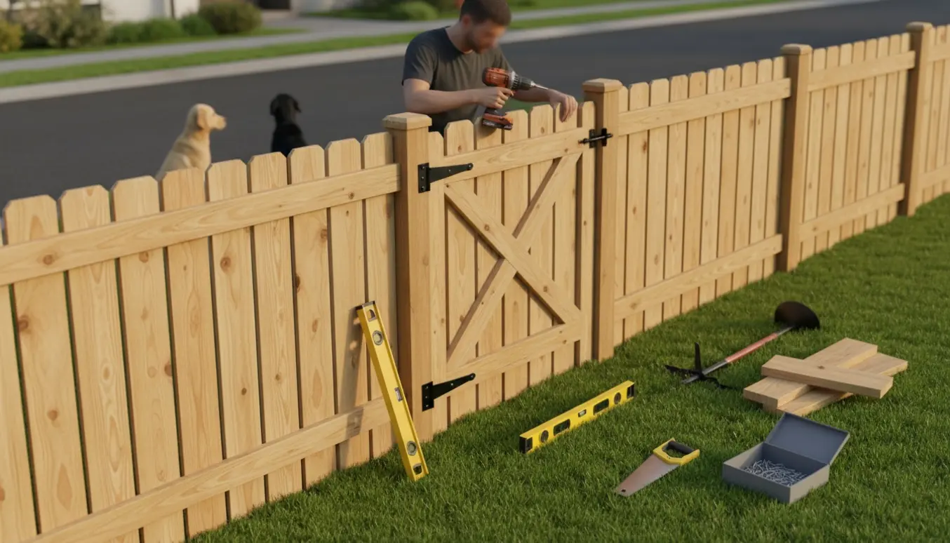 Nyt plankeværk med lille låge i en forhave, værktøj ved siden af og en hund bag hegnet.