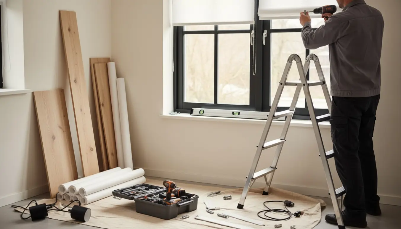 En håndværker monterer rullegardiner, lamper og træpaneler i en lys, moderne stue.