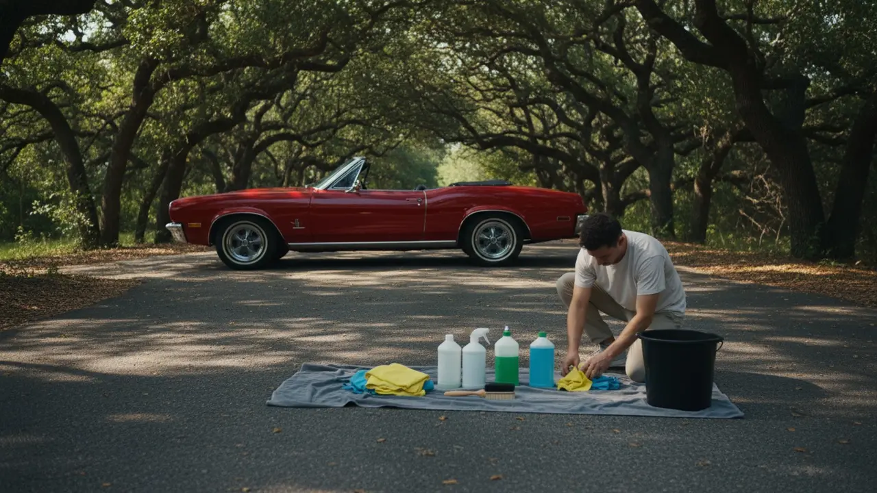 Cabriolet parkeret i skygge med rengøringsmidler lagt frem