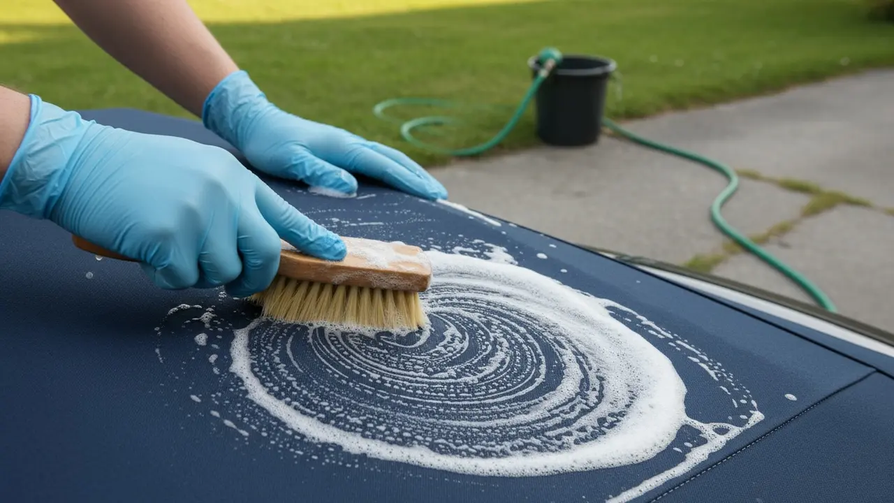 Nærbillede af blød børste der rengør en stoffet kaleche med skummende rens