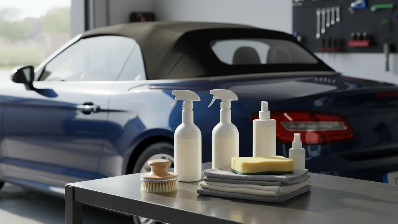 Udvalg af milde rengøringsmidler og værktøj til rengøring af softtop