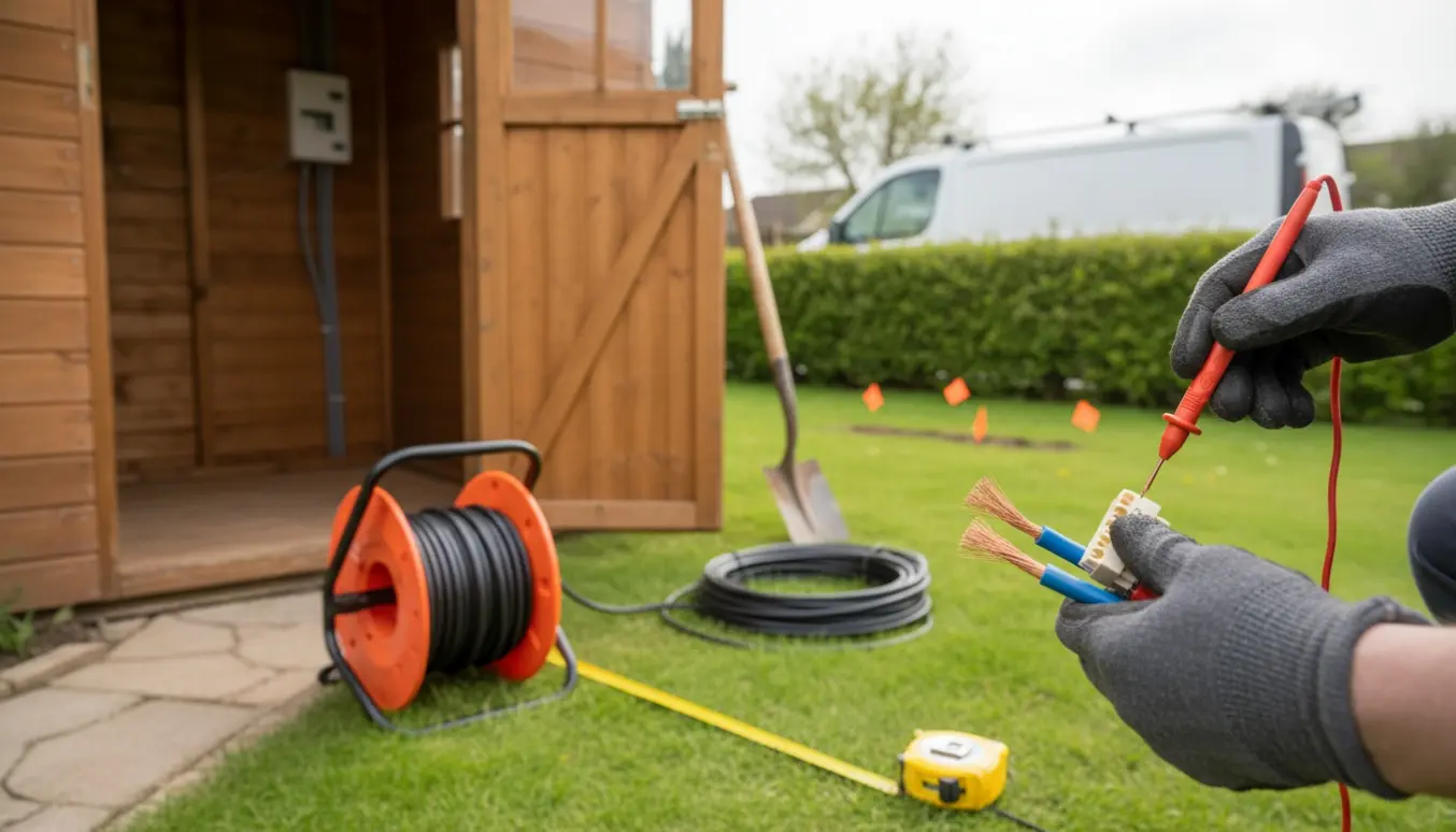 Elektriker undersøger elinstallation i et havehus med kabeltromle og måleværktøj klar i haven.