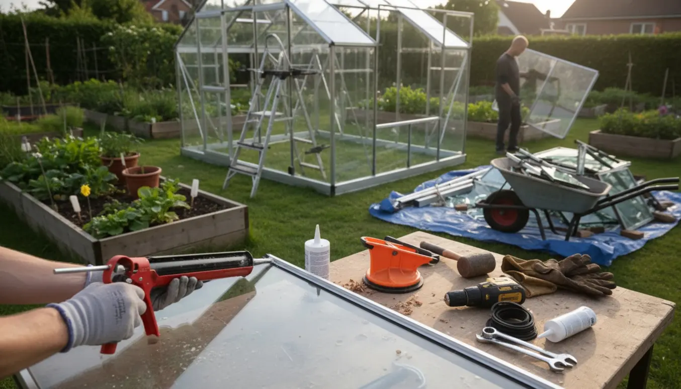 Hænder med fugepistol tæt på, mens et nyt aluminiumdrivhus monteres og et gammelt drivhus er afmonteret i baggrunden.