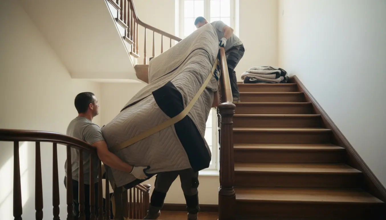 To mænd løfter et tungt sofastykke lodret op ad en smal, stejl trappe i en lys villa.