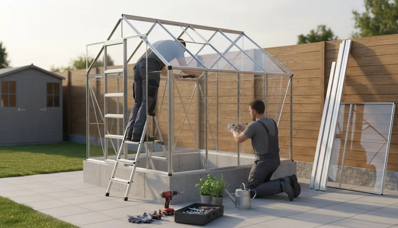 To personer samler et drivhus på en sokkel i en baghave med værktøj og aluminiumsrammer synlige.