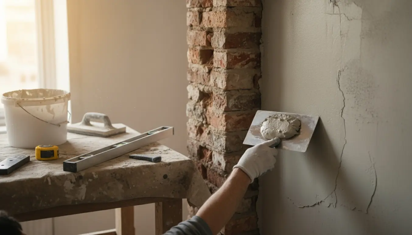 Nærbillede af murerarbejde ved renovering, hvor en væg pudses efter ændret døråbning med synlige mursten og værktøj.