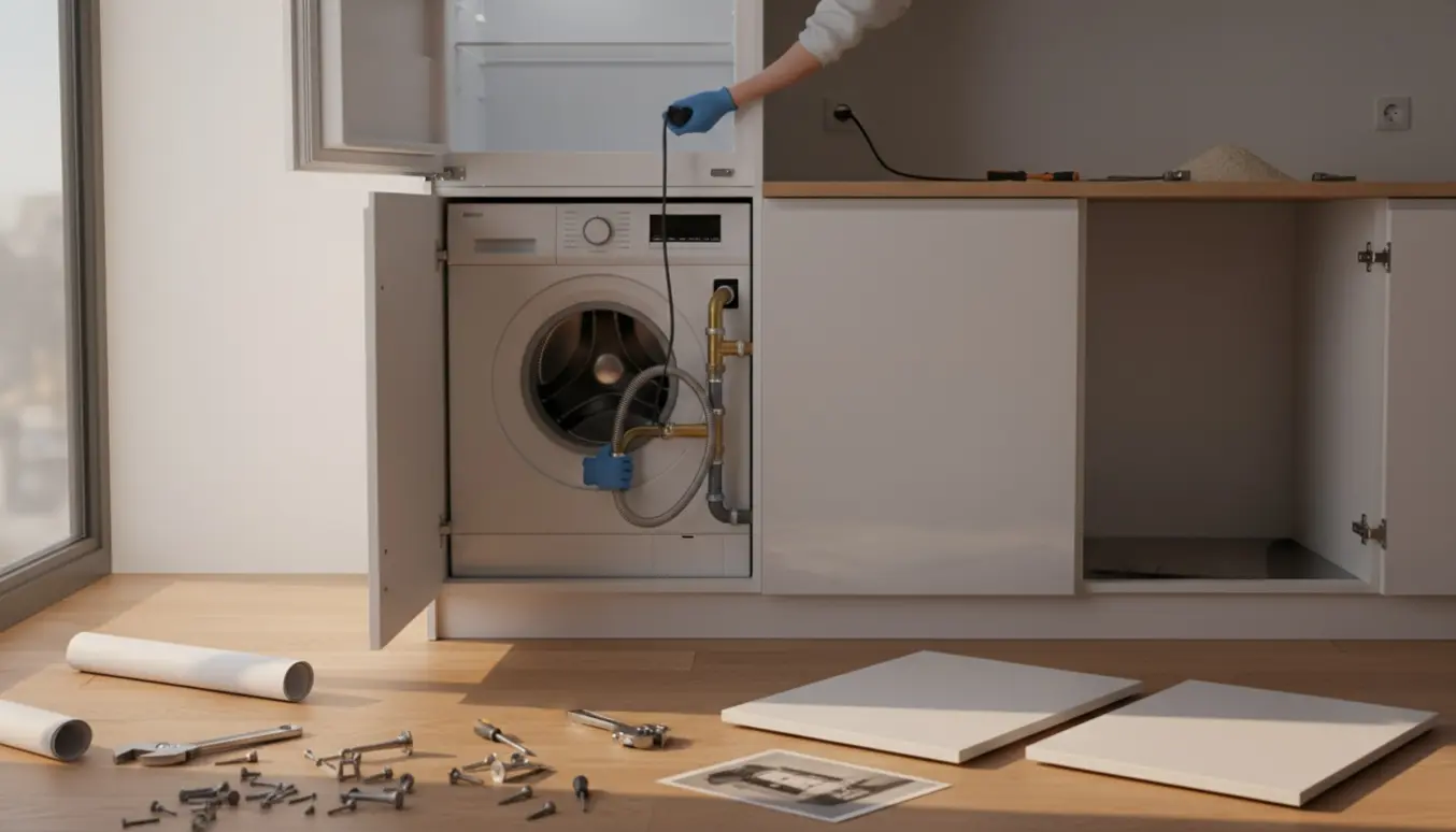 Installatør forbinder vand- og strømtilslutninger til et indbygget vaskemaskine nederst og køleskab ovenpå i et moderne køkken.