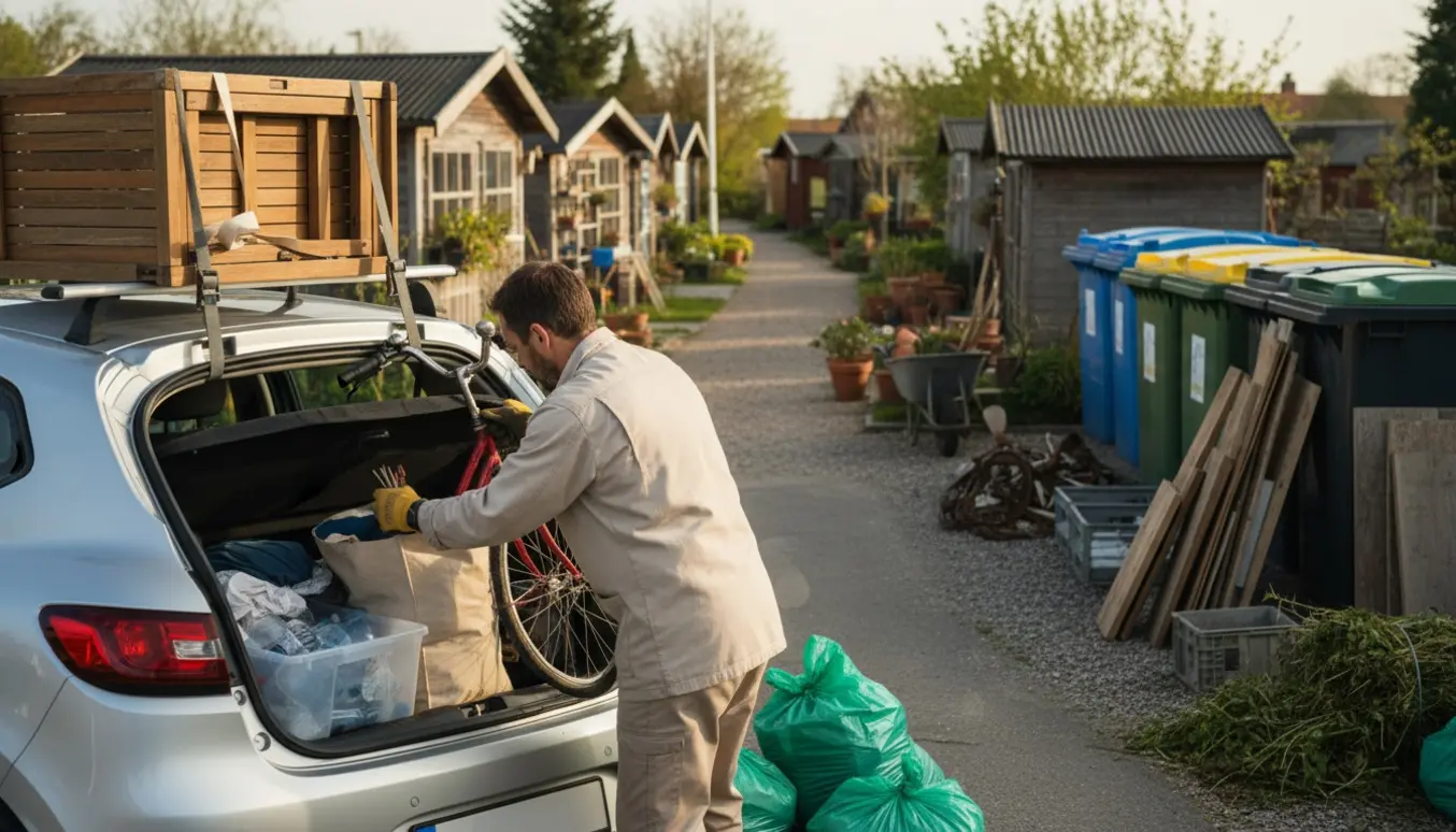 Bil ved genbrugsplads med et gammelt havebord på taget, en cykel og poser med tøj, plastik og haveaffald set bagfra.