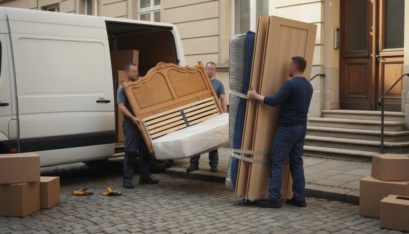 Afmonteret seng og skab bæres fra en varevogn mod en lejlighedsindgang, personer set bagfra.