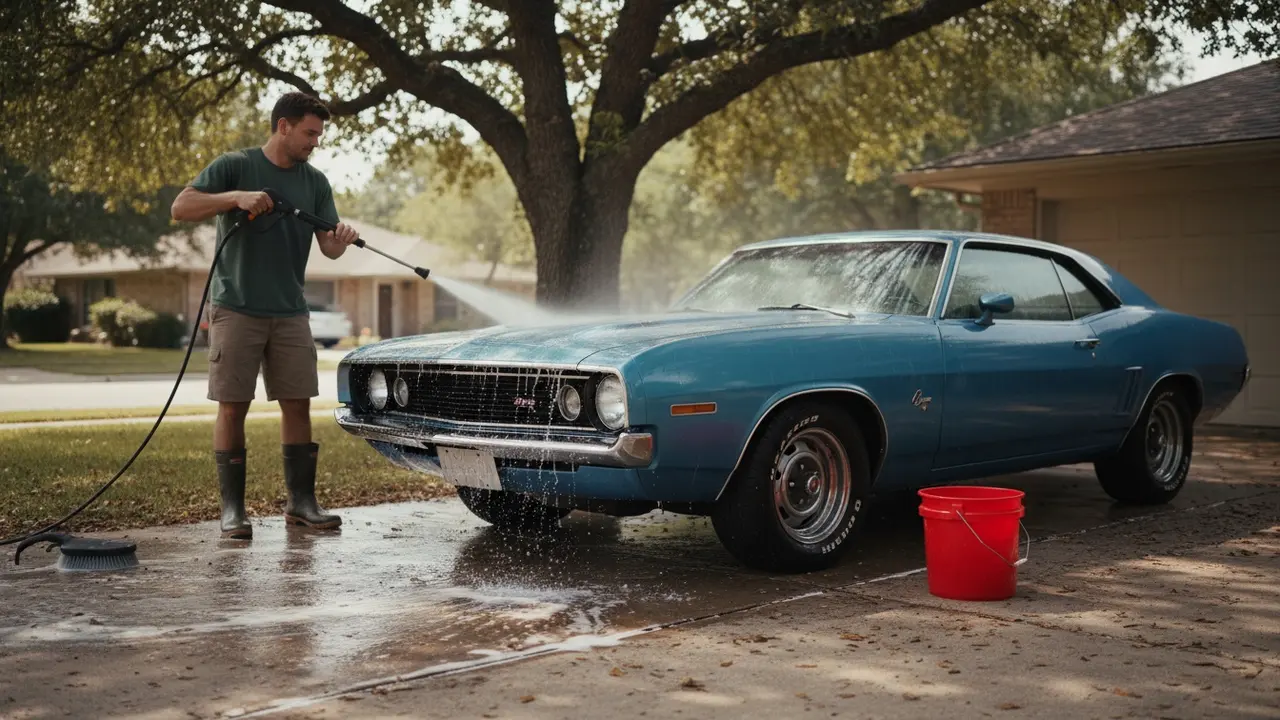 Person skyller løst snavs af bil i skygge med trykspuler og spand