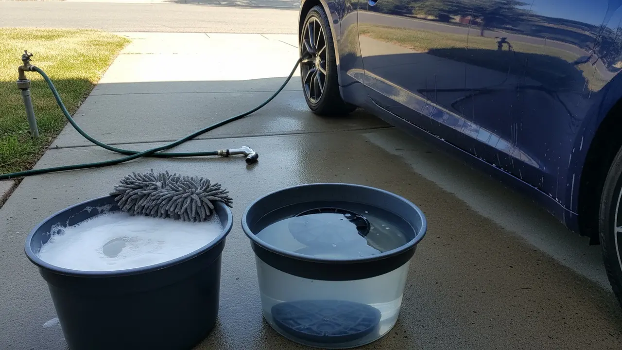 To spande med sæbevand og rent vand, grit guard og mikrofiber-handske ved bilen