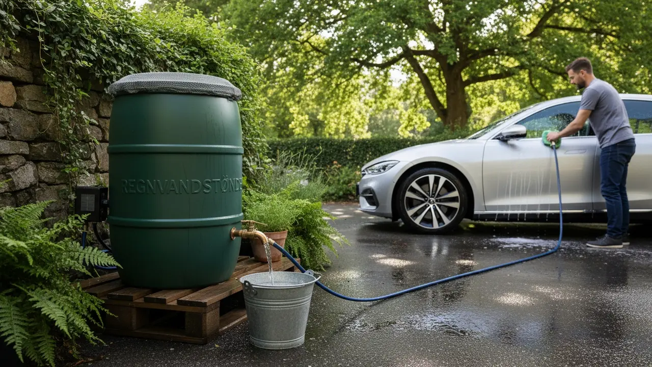 Regnvandstønde med filter hælder vand i spand til bilvask i baggrunden