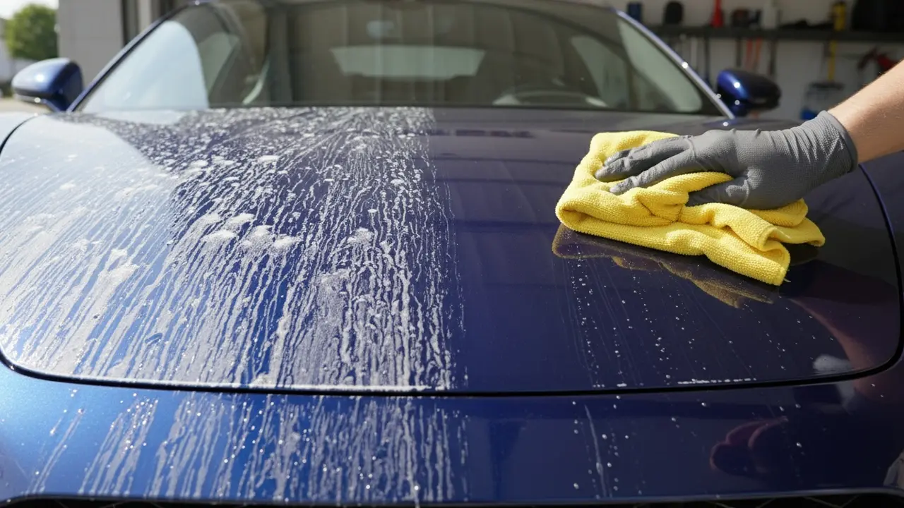 Nærbillede af bil med kalkpletter på den ene side og ren, aftørret overflade den anden