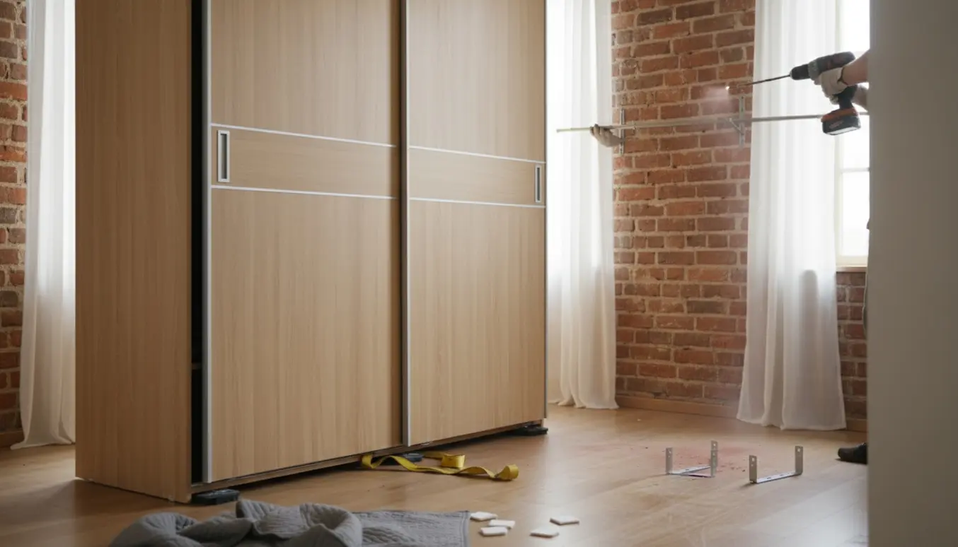 Et stort skyvedørsklædeskab skubbes på plads i et soveværelse, mens en gardinstang med beslag monteres i en murvæg.