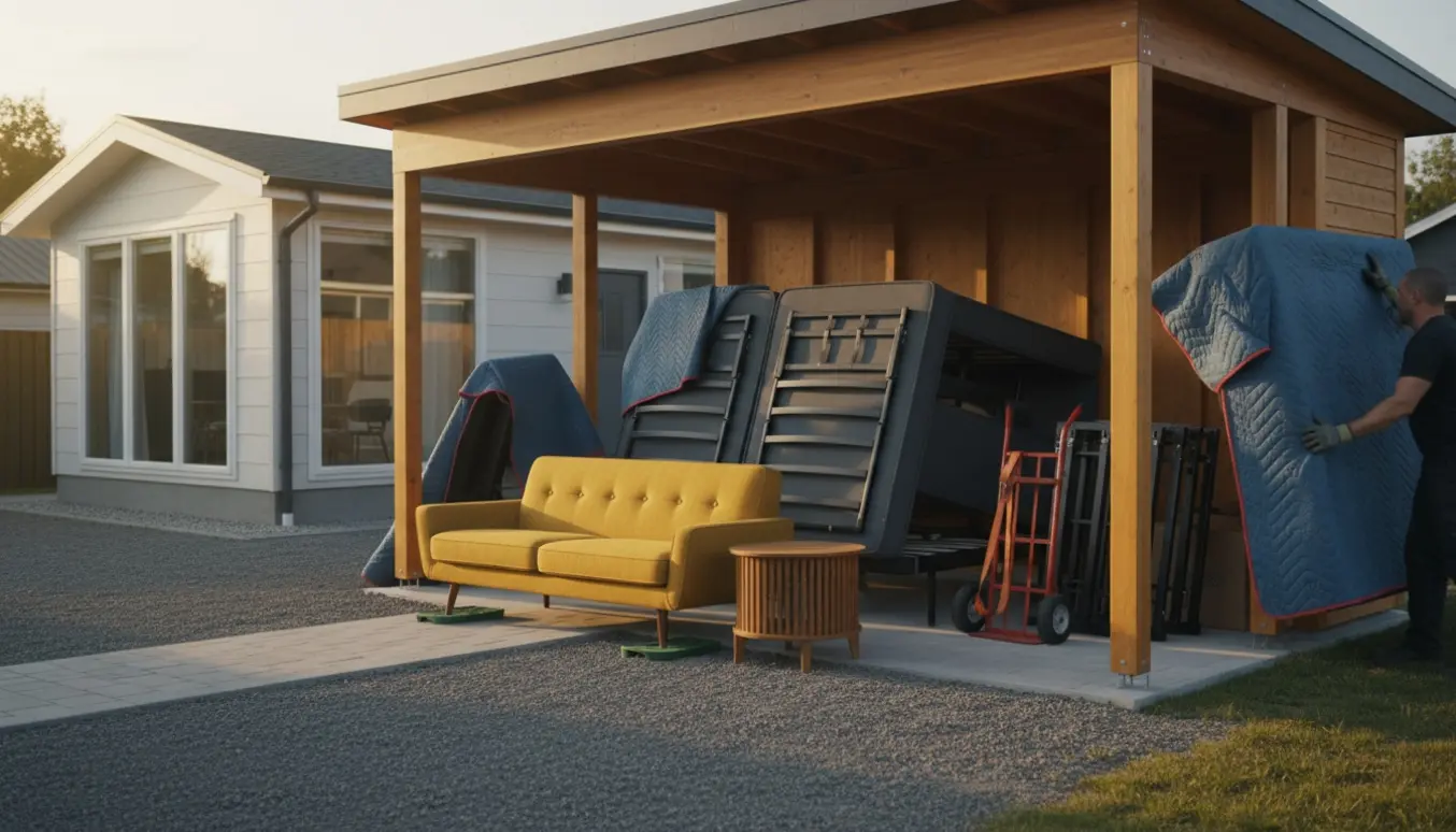 Flytning af sofa, to elevationssenge og flytteudstyr ind i en carport set i blødt eftermiddagsslys.