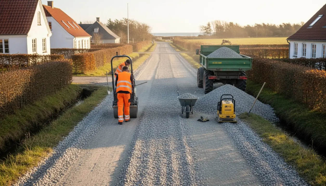 Lang grusvej nær Middelfart under reparation med maskiner, grus og arbejdere set bagfra.