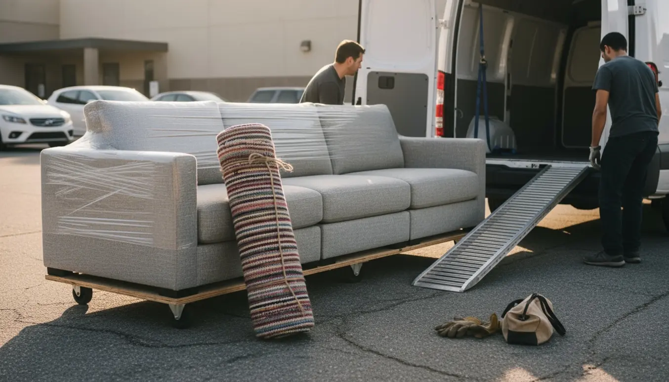 En sofa i tre moduler og et rullet tæppe læsses ind i en varevogn ved butikshentning, uden synlige ansigter.