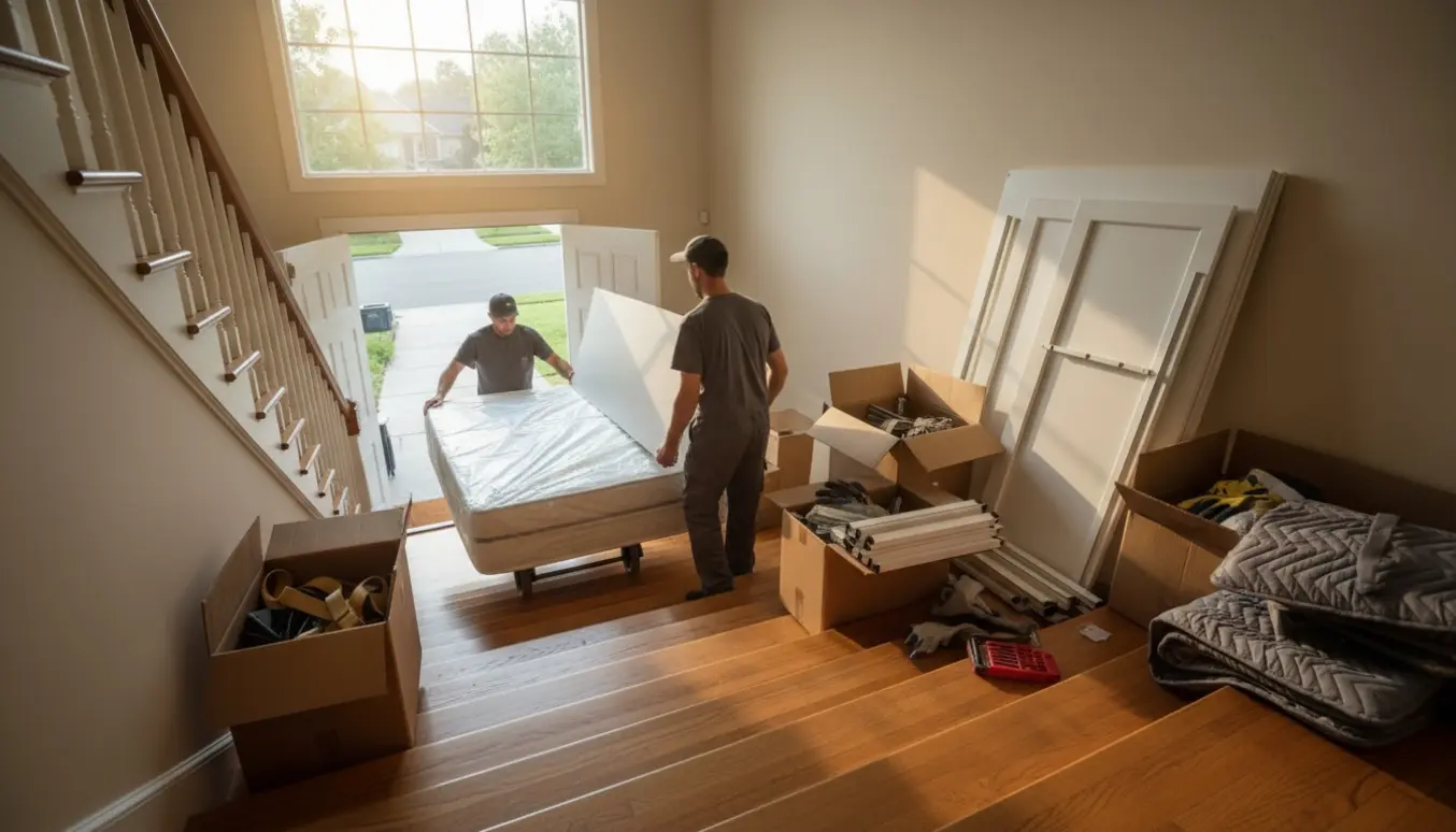 To personer bærer boxmadrasser og adskilte garderobepaneler ned ad en villatrappe mod en ventende flyttevogn.