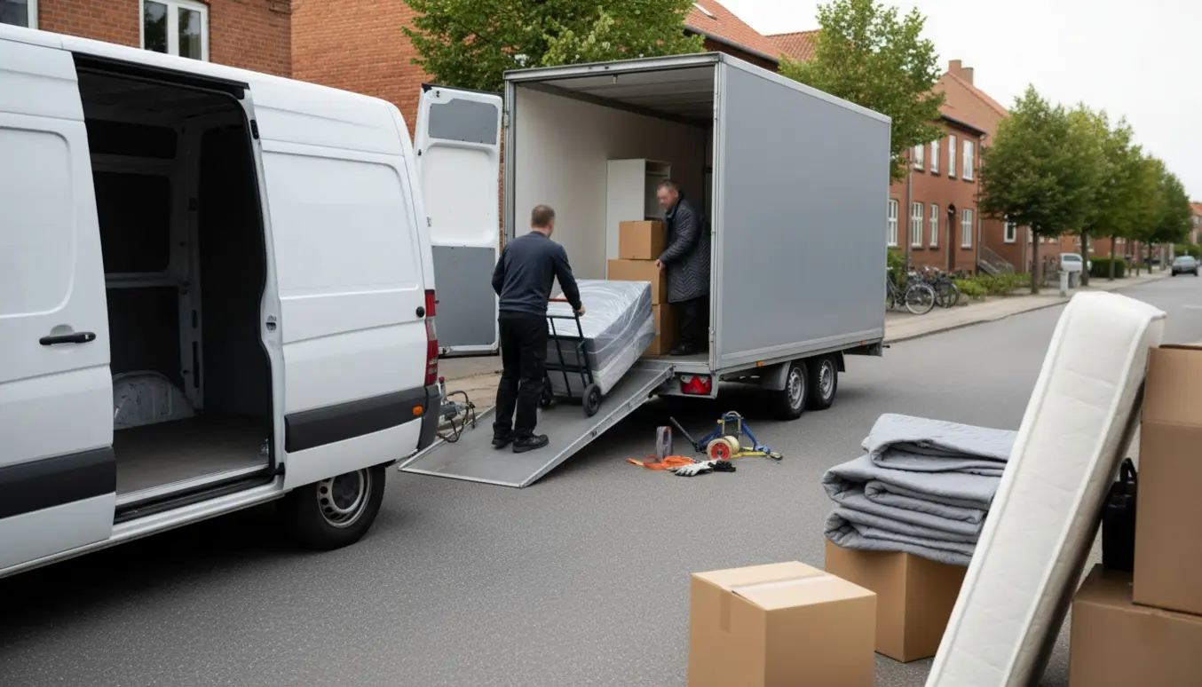 Kassevogn og påhængsvogn læsset med flyttekasser og indpakkede madrasser foran et rødt murstenshus.