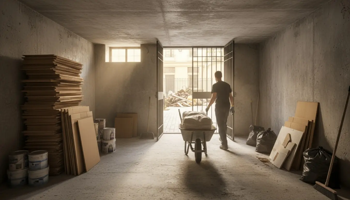 Kælderrum tømmes med trillebør, dolly og stabler af papkasser og byggeaffald i gården.
