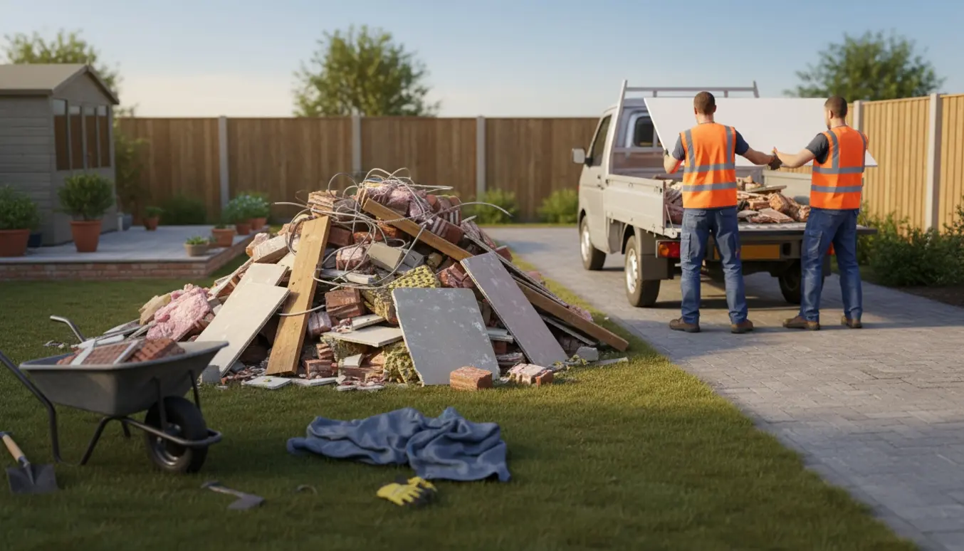 Baghave med blandet byggeaffald, hvor arbejdere læsser materialer i en pickup ved indkørslen.