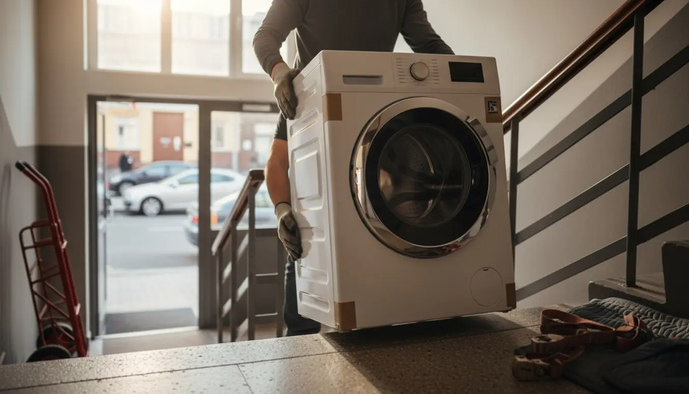 To personer bærer en vaskemaskine op ad en trappe ved en parkeret varevogn, ansigter ikke synlige.