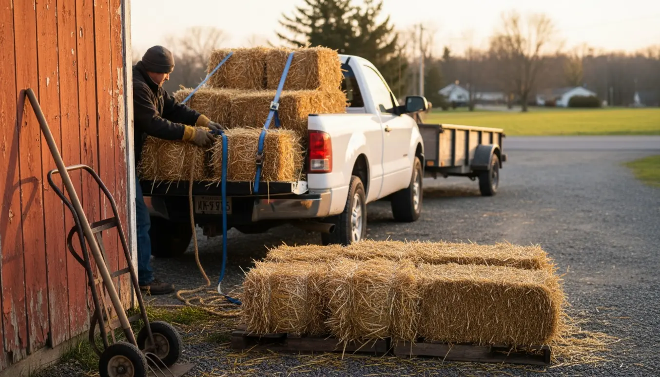 Ti små halmballer læsses på en pickup og trailer på en gårdsplads, mens hænder i handsker sikrer dem med stropper.