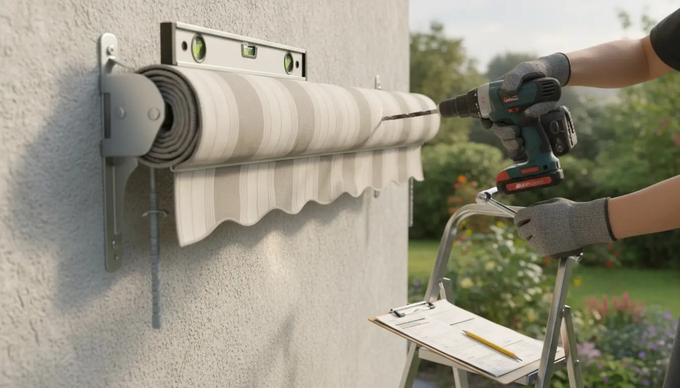 Nærbillede af montering af manuel markise på en stucco-mur med værktøj og hænder i fokus.