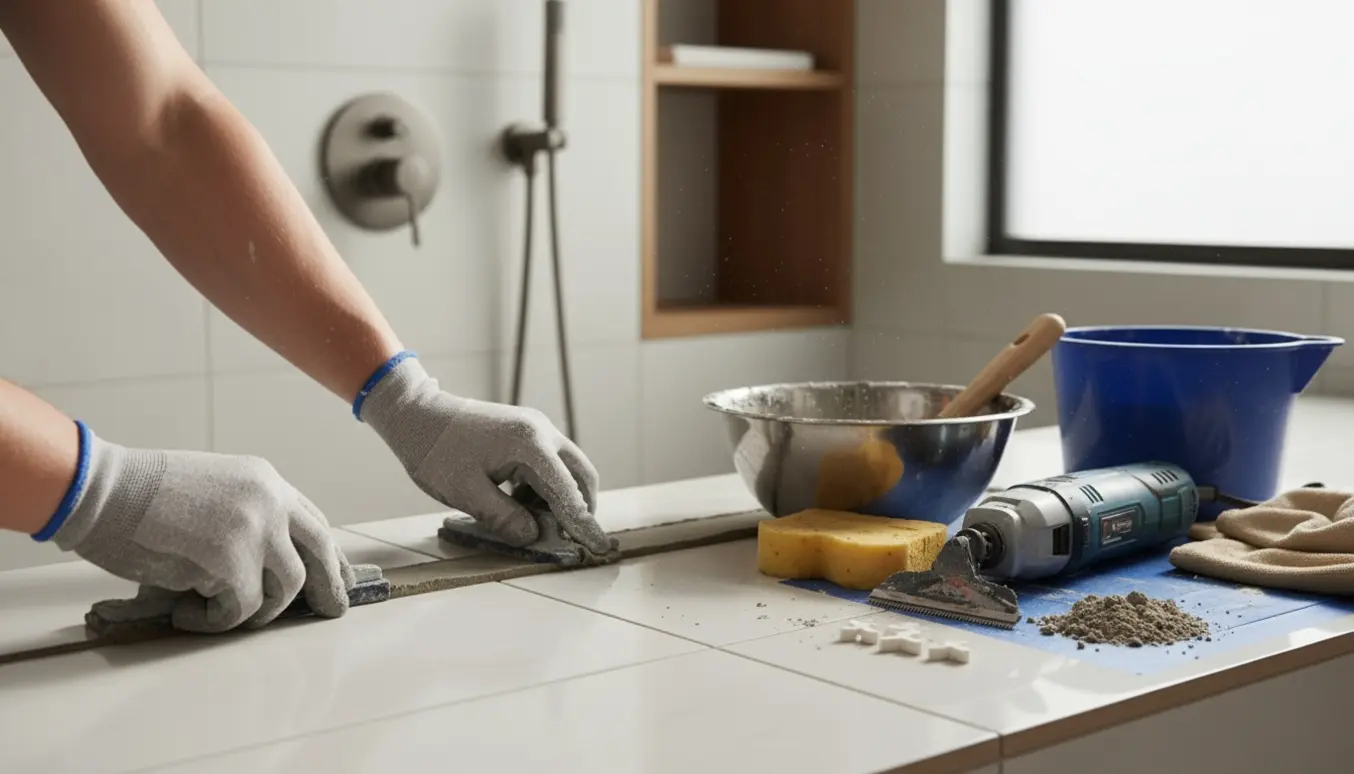 Nærbillede af hænder i handsker, der udskifter mørtelfuger mellem fliser i et badeværelse med værktøj og spand i baggrunden.