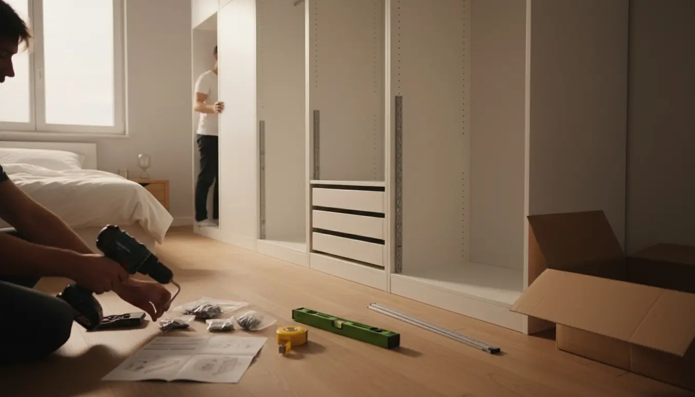 Delvist samlet 3 meter Pax-garderobeskab i soveværelse med værktøj og flade papkasser ved siden af.