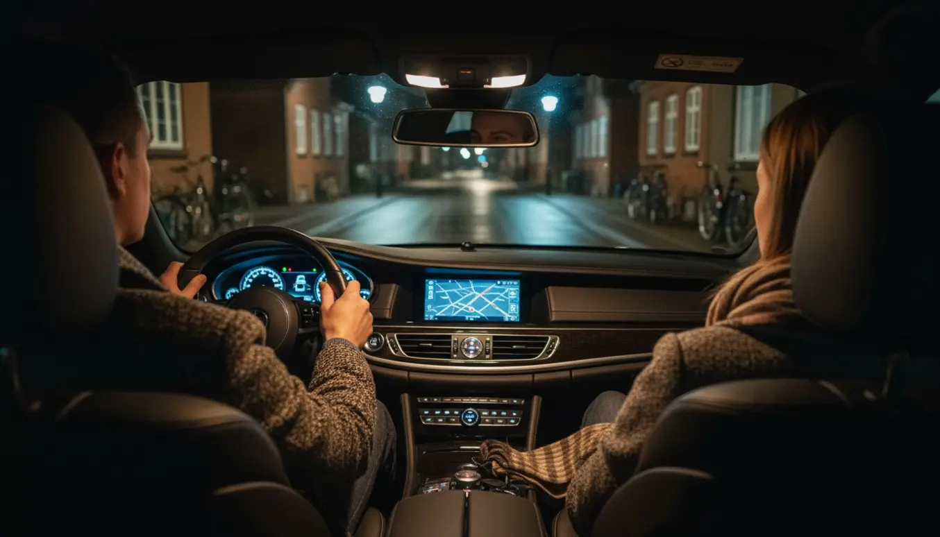 Bagfra billede i en privat bil om natten med chaufførens hænder på rattet og en stille boligvej i Brønshøj–Rødovre synlig gennem forruden.