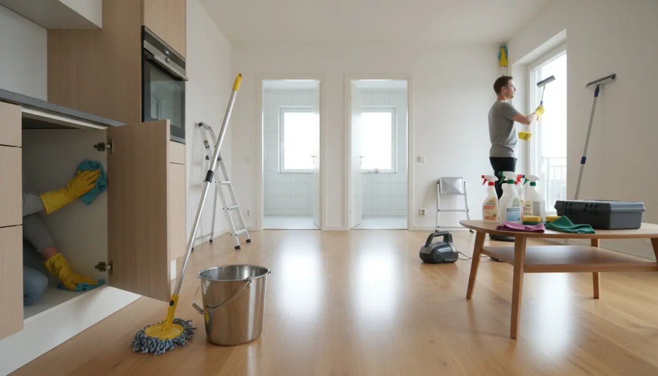 Rengøring i et lyst rækkehus med moppe, spand, vinduessvaber og hænder i handsker, der pudser skabe.