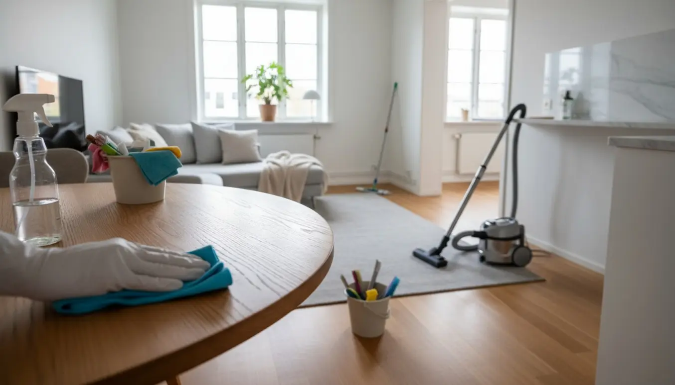 Hænder med handsker tørrer et spisebord af i en lys, stilren villalejlighed med rengøringsudstyr i forgrunden.