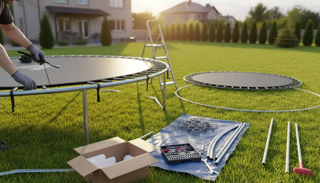 Trampolin under montering på græs med hænder og værktøj, uden tydelige ansigter.