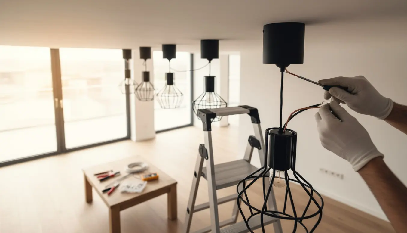 Elektriker monterer og tilslutter fem loftslamper i en moderne stue.