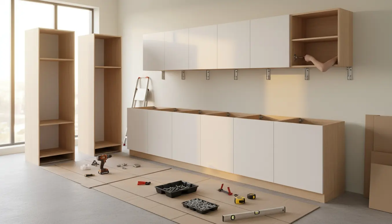 Halvfærdigt Ikea-køkken med syv underskabe, fem overskabe og to højskabe under montering.