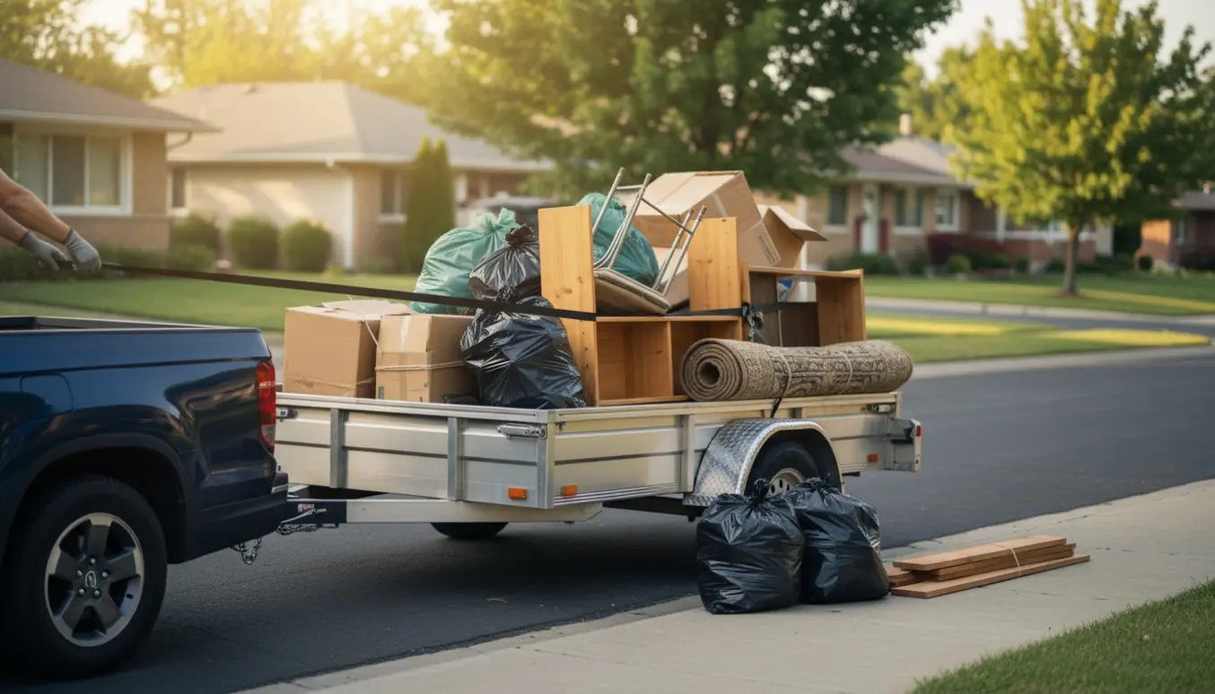Trailer læsset med blandet affald og nogle sække ved fortovet, klar til kørsel til genbrugsplads.
