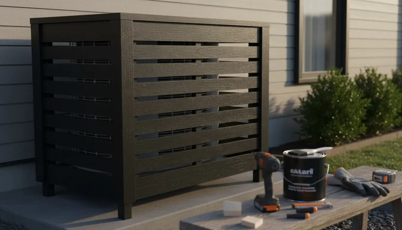 Sortmalet træskjuler omkring en udendørs varmepumpe med værktøj og malerbøtte ved siden af.