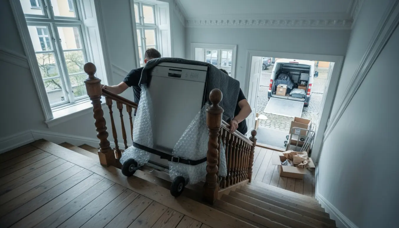 En opvaskemaskine pakket i flytteplaid trækkes op ad trappen i en høj stueetage.