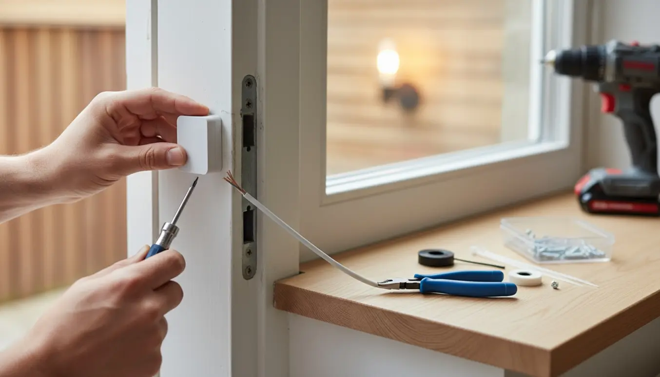 Nærbillede af hænder, der forkorter kabel og monterer en dørkontakt-sensor på en karm.