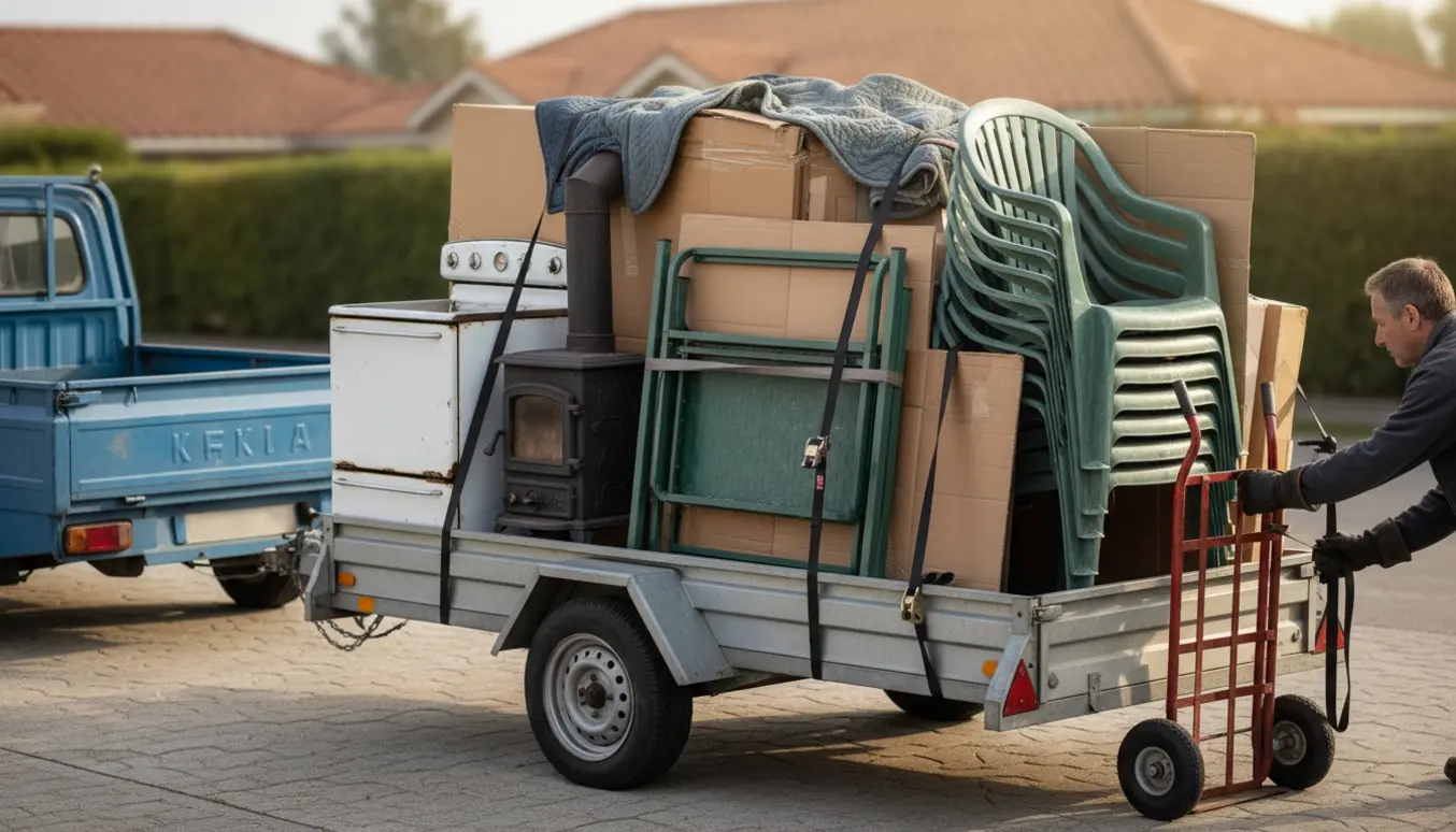 Trailer læsset med et komfur, en brændeovn, stabler af havestole og borde samt pap i en indkørsel klar til aflevering.