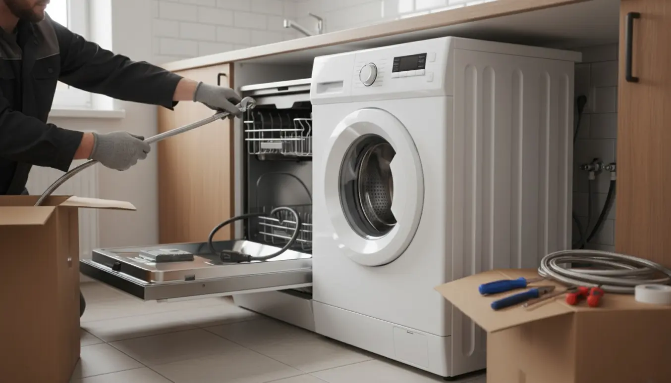 Installatør tilslutter vaskemaskine og opvaskemaskine i en ny lejlighed, med fokus på slanger og fittings.
