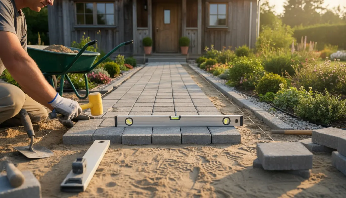 Haveindgang med ny flisebelægning og hænder, der placerer en flise.