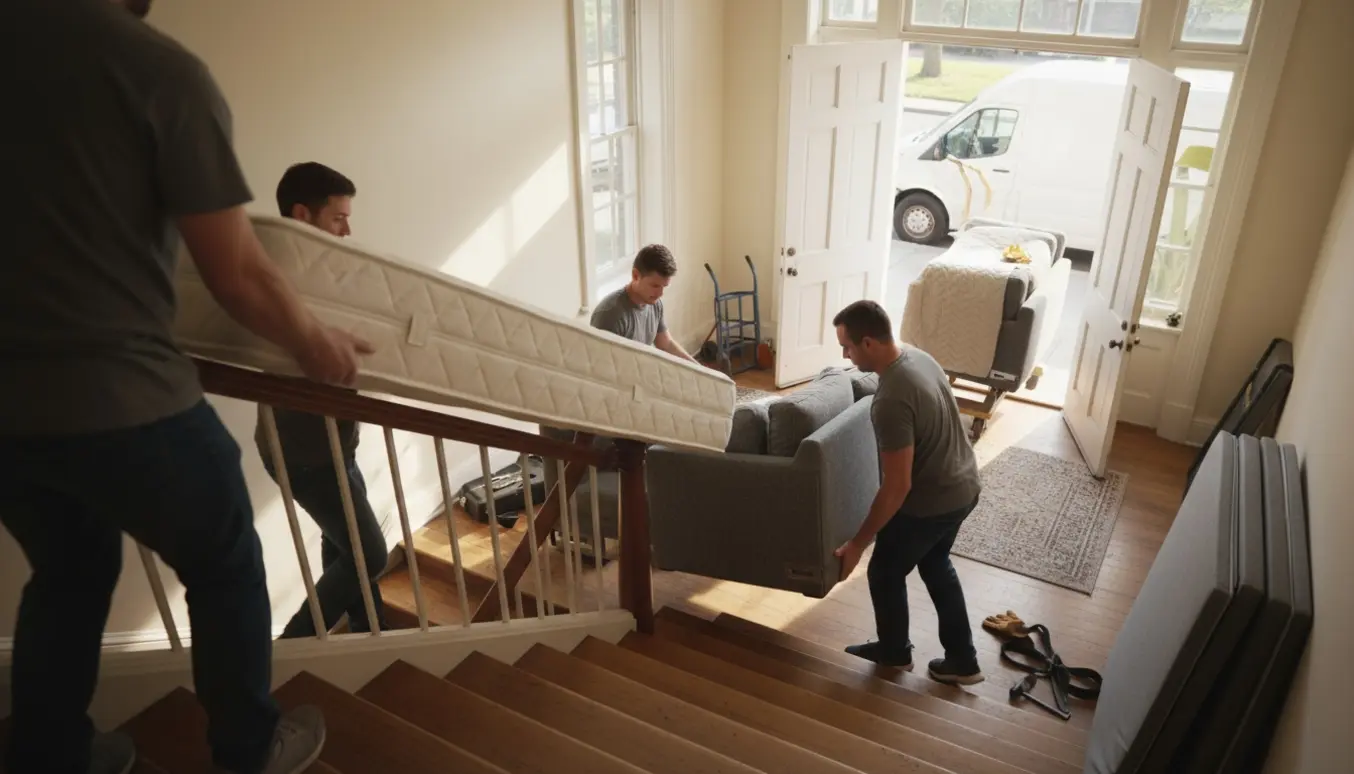 Flyttefolk bærer en topmadras op ad trappen, mens en hjørnesofa er adskilt i tre dele og klar til bortskaffelse.