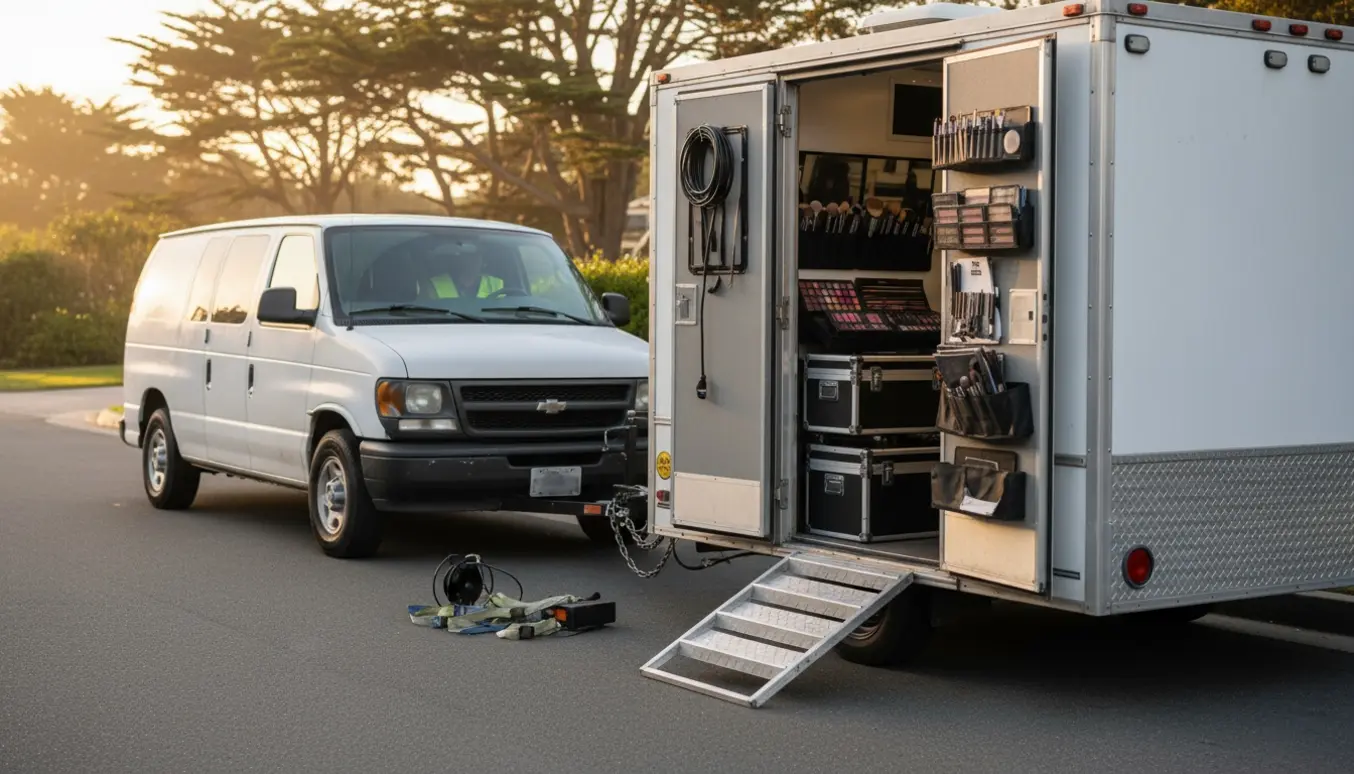 En varevogn med tilkoblet sminketrailer, åben sideklap og organiserede makeupkufferter parkeret i aftensol.