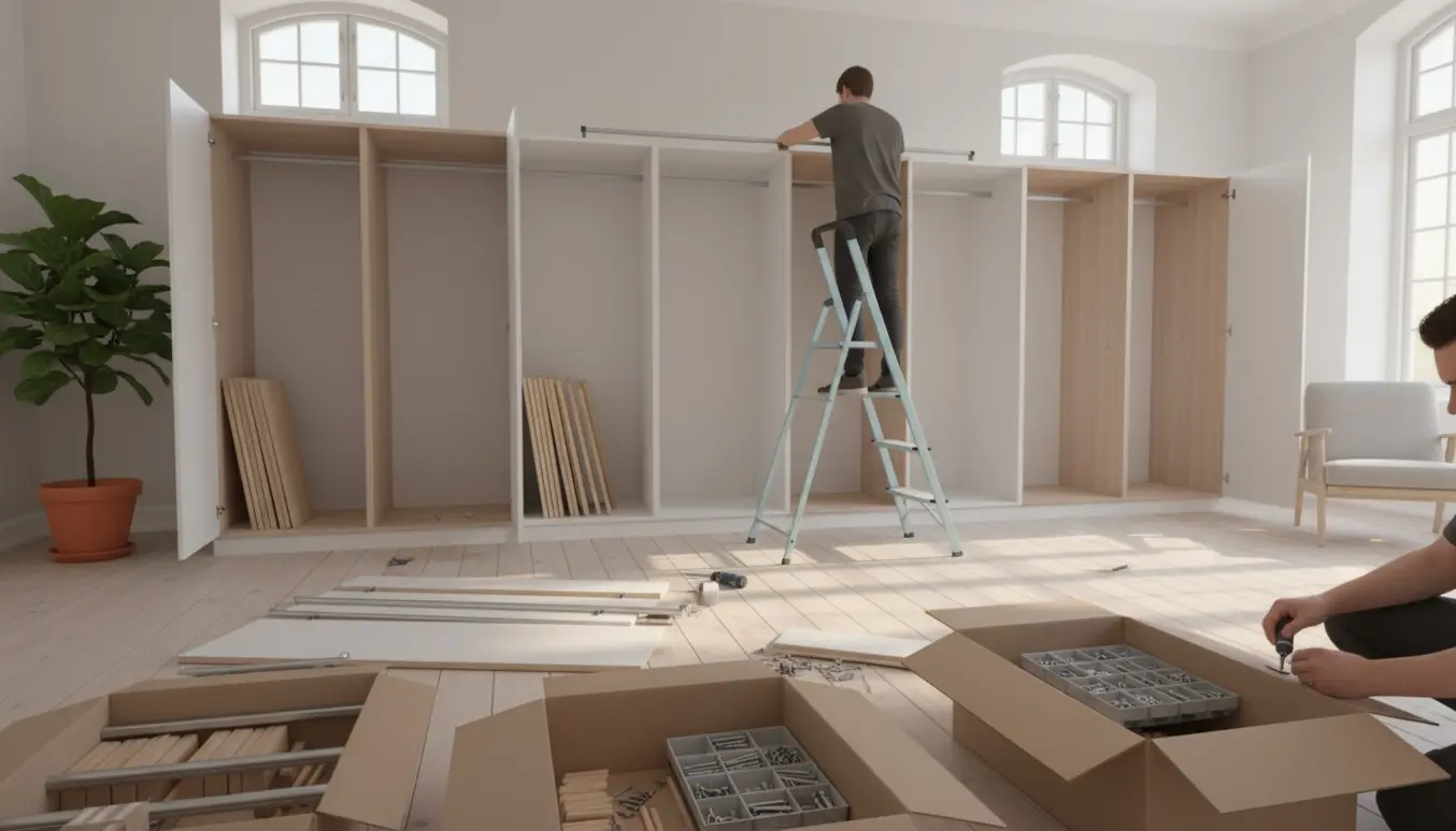 Fladt pakkede skabsdele og værktøj i en lys Frederiksberg-lejlighed, mens hænder samler garderobeskabe.